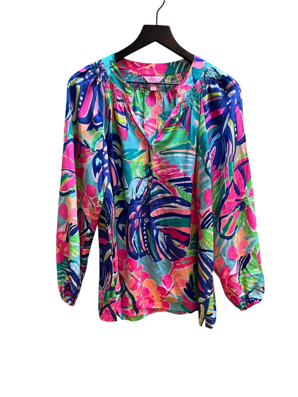 Lilly Pulitzer Elsa Silk Top Tropical Palm Leaf Print Pink and Blue Preppy Luxe